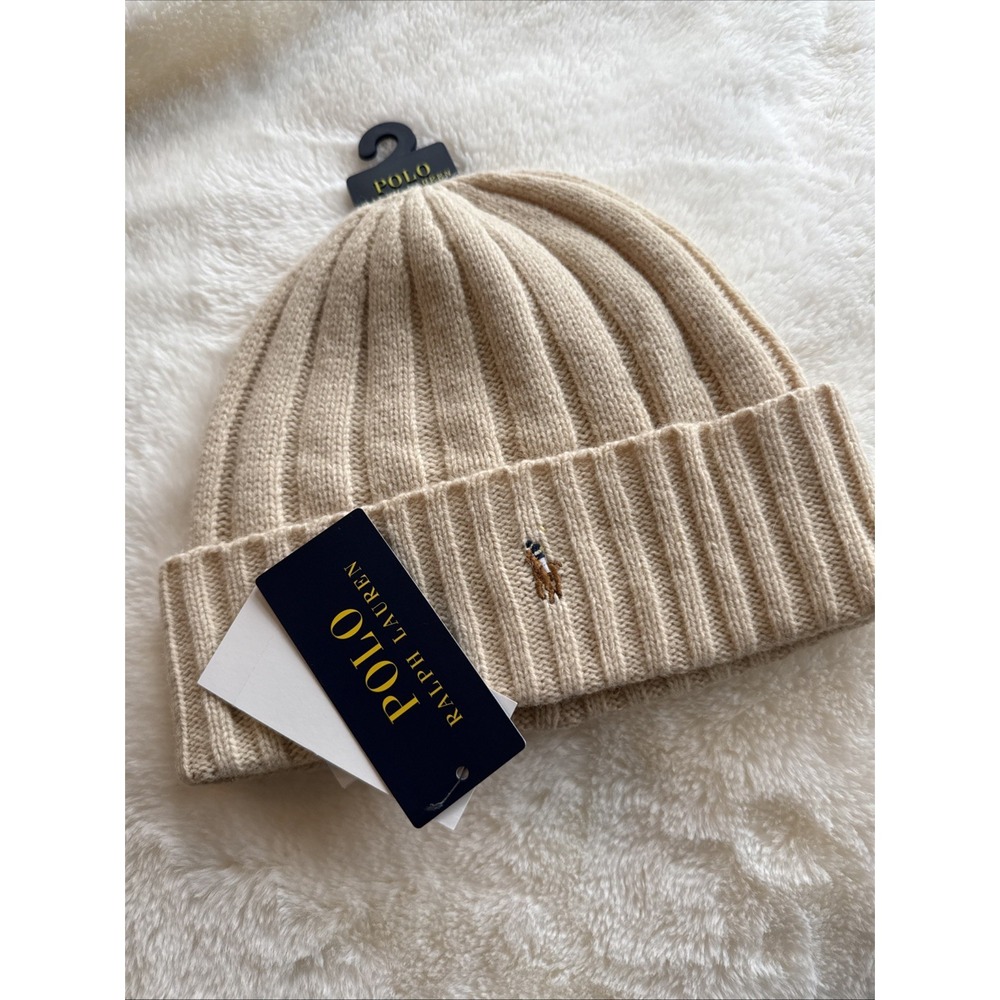 Polo Ralph Lauren Men's Cream Beige Wool Blend Ribbed Cuff Beanie Winter Hat